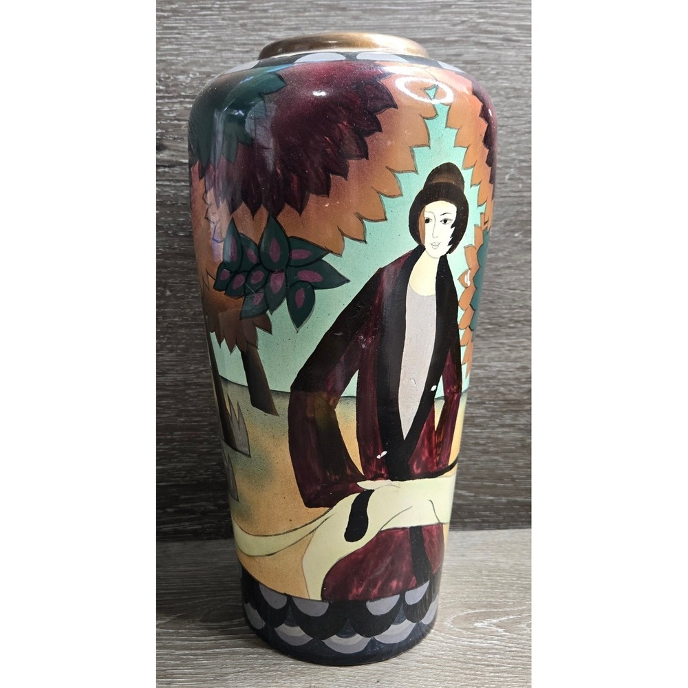 Art Deco Style Hand Painted Ceramic Vase Woman Dog 11 Inch Multicolor Gold Rim
